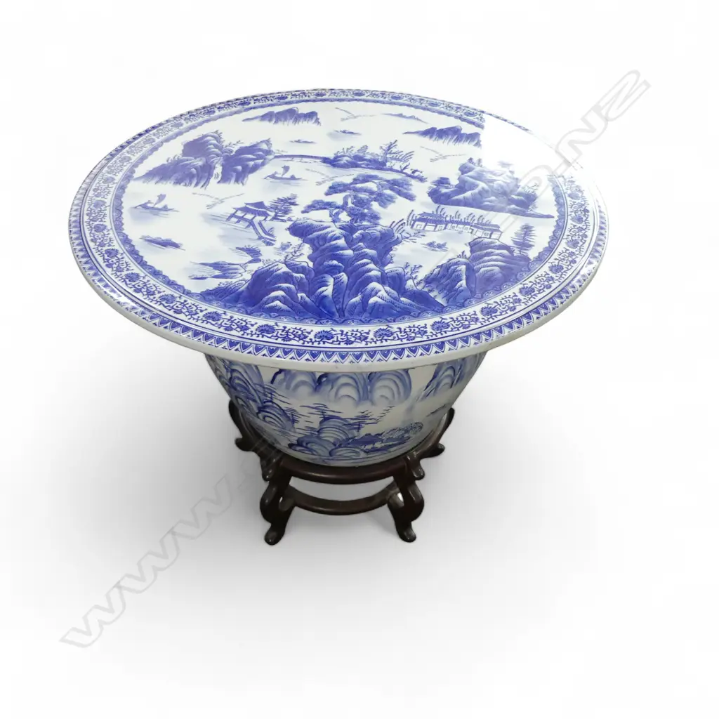 ORIENTAL B/W FISH BOWL ON STAND H.545mm, 450mm dia + TABLE TOP 710mm dia Image 1++