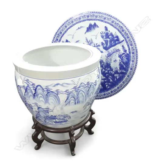 ORIENTAL B/W FISH BOWL ON STAND H.545mm, 450mm dia + TABLE TOP 710mm dia