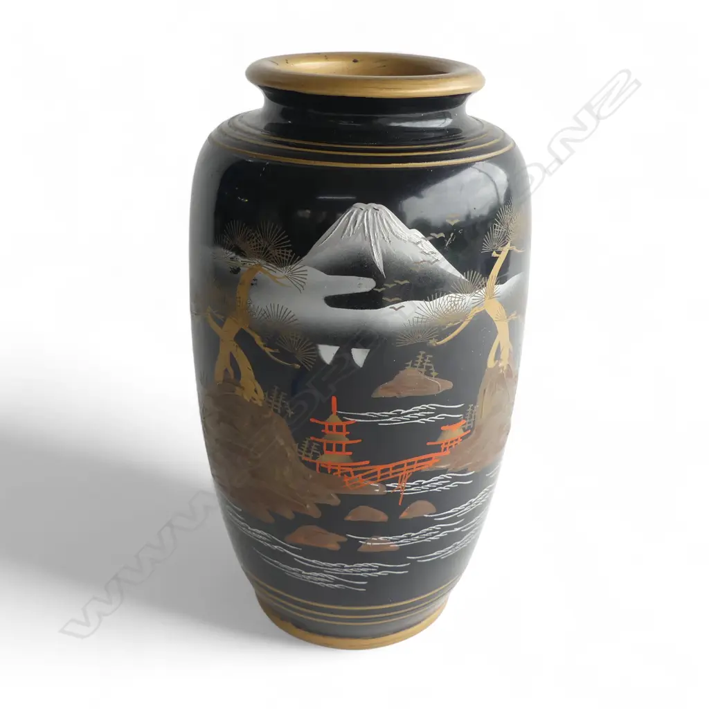 VINTAGE JAPANESE POTTERY BLACK GLAZED VASE Mt Fuji extensive landscape. Gilt & silvered highlights H.305mm Image 1++