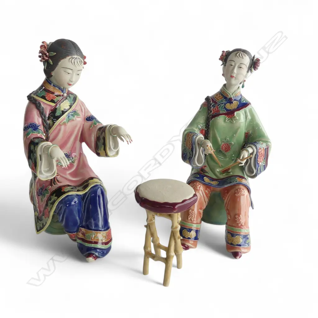 A PAIR OF CHINESE SHIWAN FIGURES (CALLIGRAPHER) AND ONE OTHER (MISSING FINGER AND POSSIBLY INCOMPLETE) 230 mm (H) BOXED Image 1++