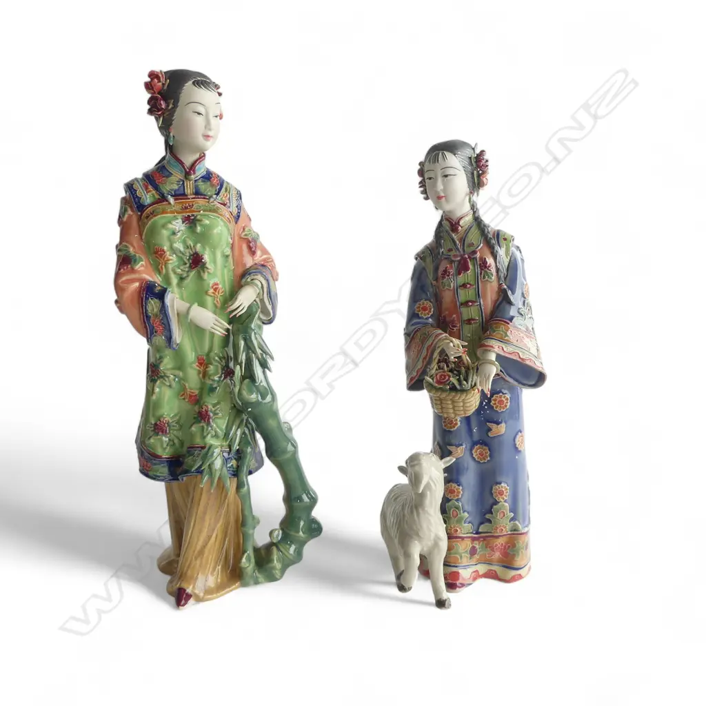 A PAIR OF CHINESE SHIWAN FIGURINES WOMEN WITH BAMBOO AND WOMAN WITH GOAT 300mm (H) both in presentation boxes Image 1++