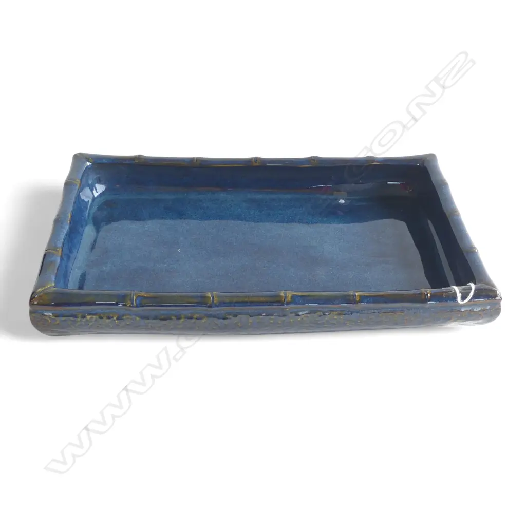 VINTAGE (1960'S) BLUE GLAZED SHIGARAKI POTTERY IKEBANA DISH bamboo shaped rim L.400mm  Image 1++