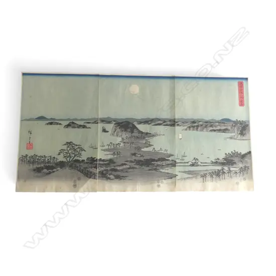 UTAGAWA HIROSHIGE UKIYO-E TRIPTYCH, EVENING VIEW OF EIGHT FAMOUS SITES AT KANAZAWA, 385x255mm (panel) foxed & faded