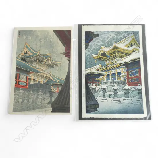 2 SHIN-HANGA UKIYO-E PRINTS; SHIRO KASAMATSU 'YOMEI GATE IN SNOW' 1952 + 'YOMEI GATE IN RAIN' 1935 390x270mm