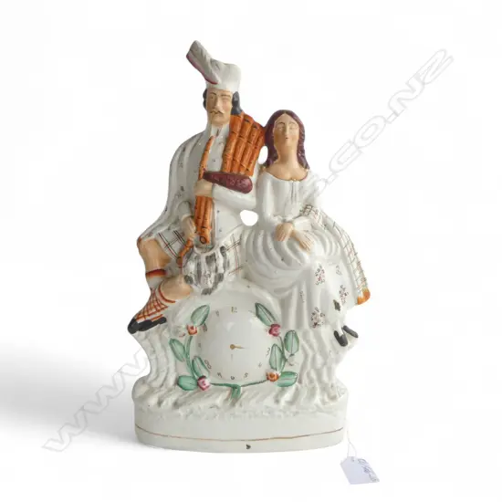 19THC STAFFORDSHIRE FLATBACK, COUPLE in SCOTTISH DRESS w FAUX CLOCK, H.350mm