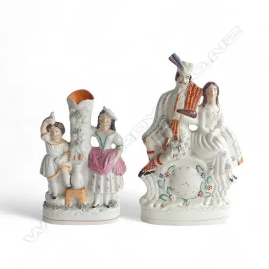 TWO 19thC STAFFORDSHIRE FLATBACKS; COUPLE in SCOTTISH DRESS, H.340mm & TWO YOUNG GIRLS, H.280mm hairline to bonnet