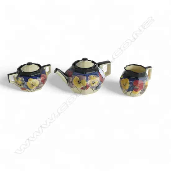 ROYAL DOULTON PANSIES 3 PCE TEA SET: teapot lidded sugar + milk jug. Octagonal form