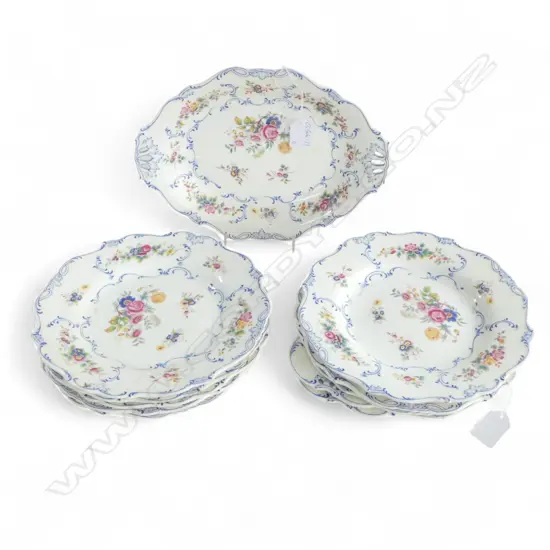 8 FRENCH PORCELAIN 19THC PLATES w 3 MATCHING SERVING DISHES, HANDPAINTED FINE DETAIL