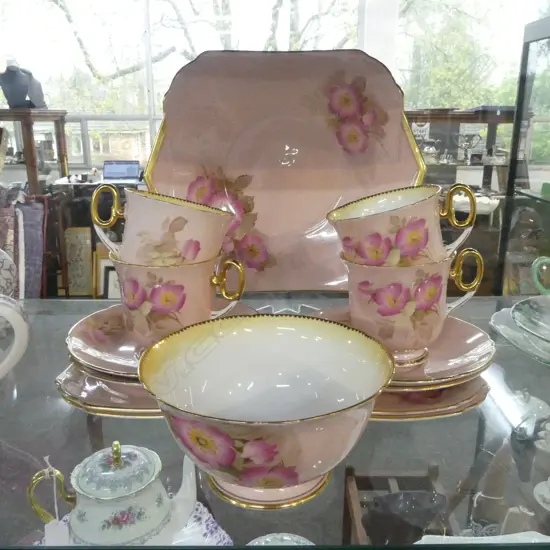 SHELLEY CHINA PART TEASET 4 CSPS CAKE PLATE & SUGAR BOWL PINK FLORAL PAT