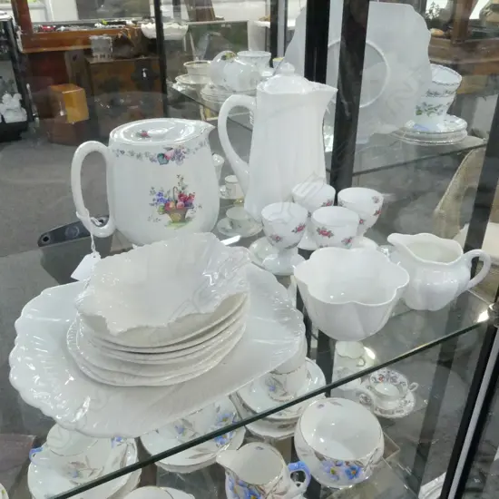 SHELLEY WHITE CHINA COFFEE POT C/SUGAR & DISHES WITH 4 SHELLEY EGG CUPS & WATER JUG