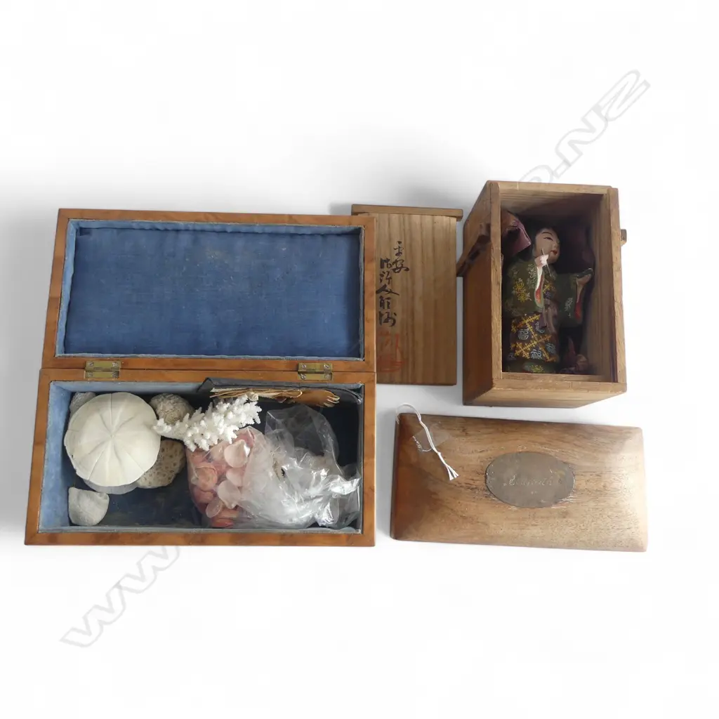 3 WOODEN BOXES; LARGEST w. CORAL W.260mm, 1 w. JAPANESE DOLL Image 1++
