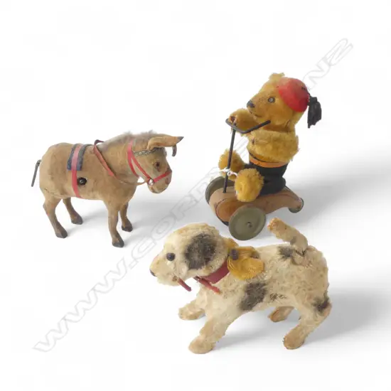 3 VINTAGE WIND UP TOYS; DOG, DONKEY, BEAR ON TRIKE H.125mm