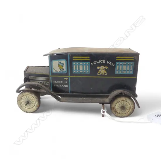 VINTAGE POLICE VAN WIND UP TOY, ENGLAND L.175mm