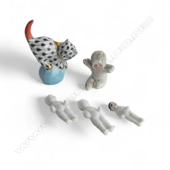 3 antique mini bisque dolls + piano baby type doll + Herend mini cat on wool ball