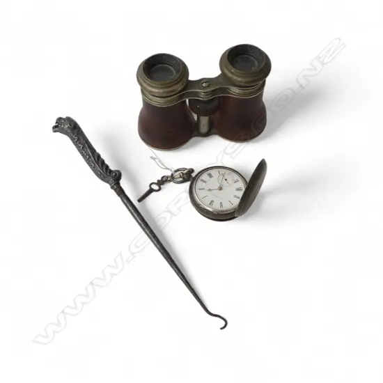 STG SILVER POCKET WATCH, LONDON 1883, PR OPERA GLASSES, BUTTON HOOK