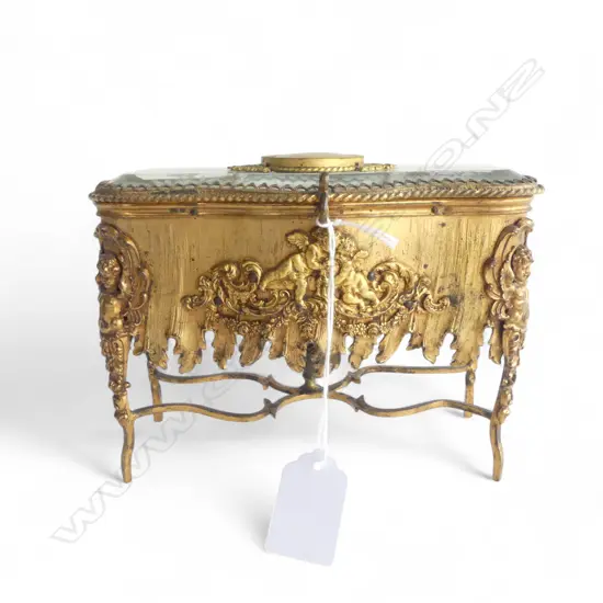 EARLY 20thC FRENCH STYLE GILT METAL & GLASS JEWEL CASKET. Commode form. W.170mm.