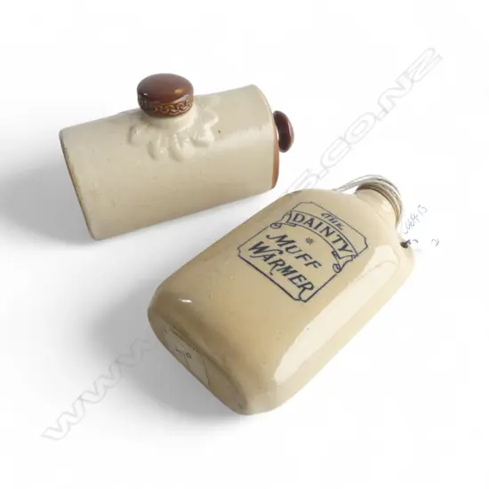 2 VINTAGE STONEWARE SMALL HAND (MUFF) WARMERS L's.120 & 130mm: 'The Dainty Muff Warmer' + other
