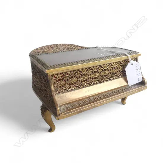 VINTAGE GILT METAL & GLASS JEWEL BOX with musical mechanism W.150mm.