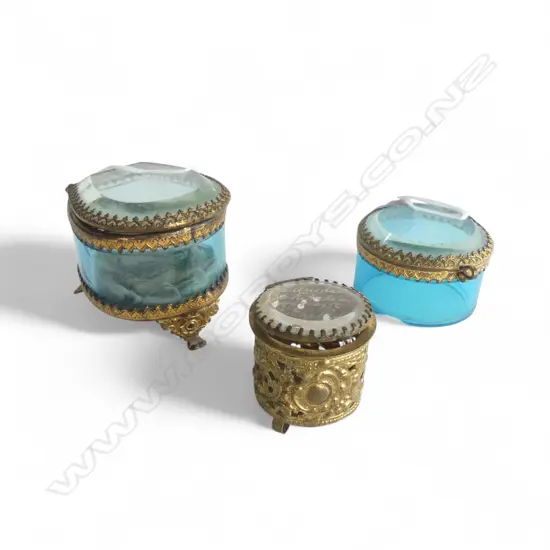 3 EARLY 20thC GILT METAL & GLASS POCKET WATCH HOLDERS: 1 uranium glass no base + 1 Dunedin Exhib.