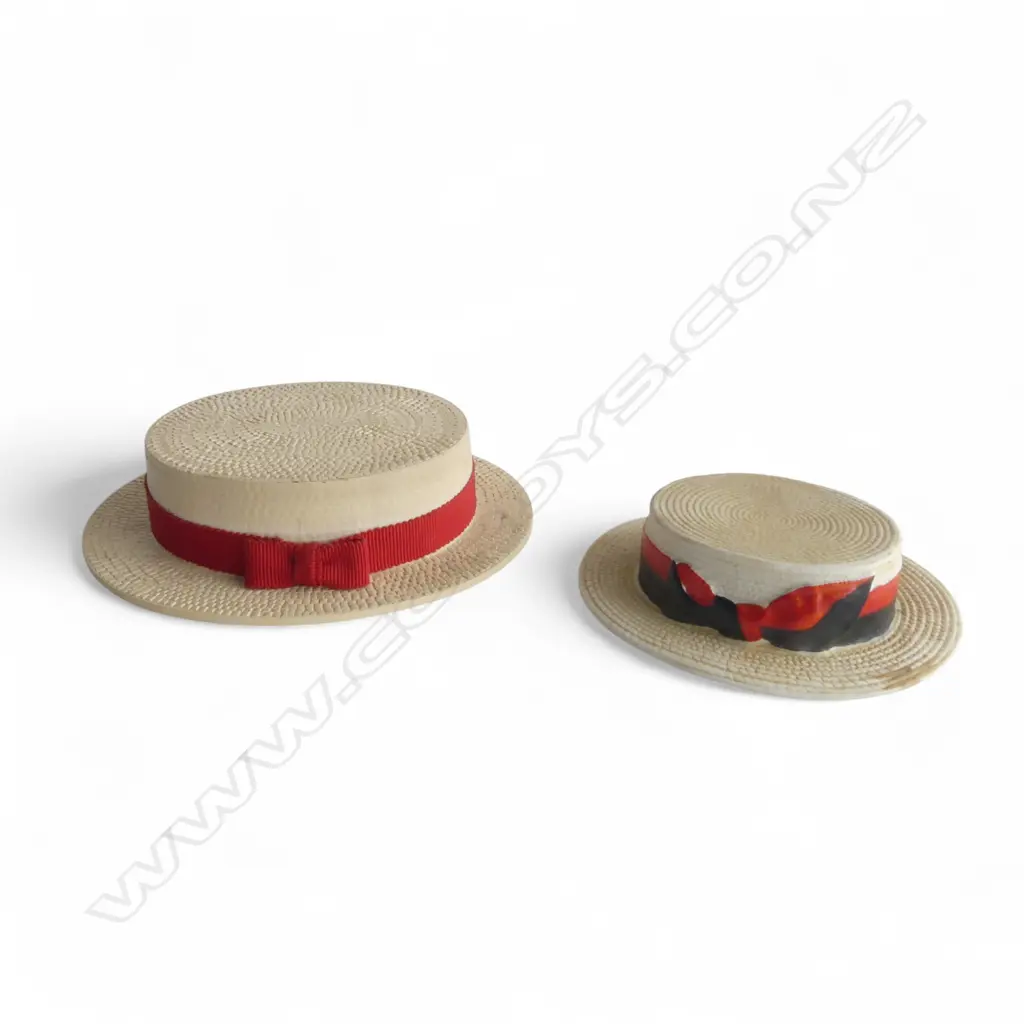 2 MINIATURE BOATER HATS: 1 porcelain by T. Parker & Co. + resin larger example 'Greetings from Tour 1959' Image 1++