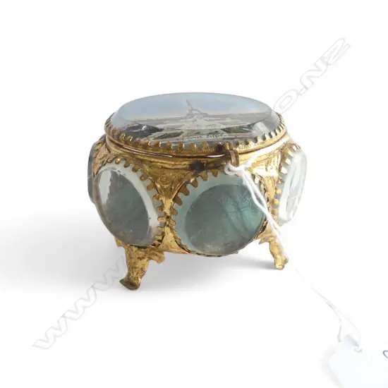 VINTAGE 'Tour Eiffel' GILT METAL & GLASS JEWEL BOX. Dia.90mm.