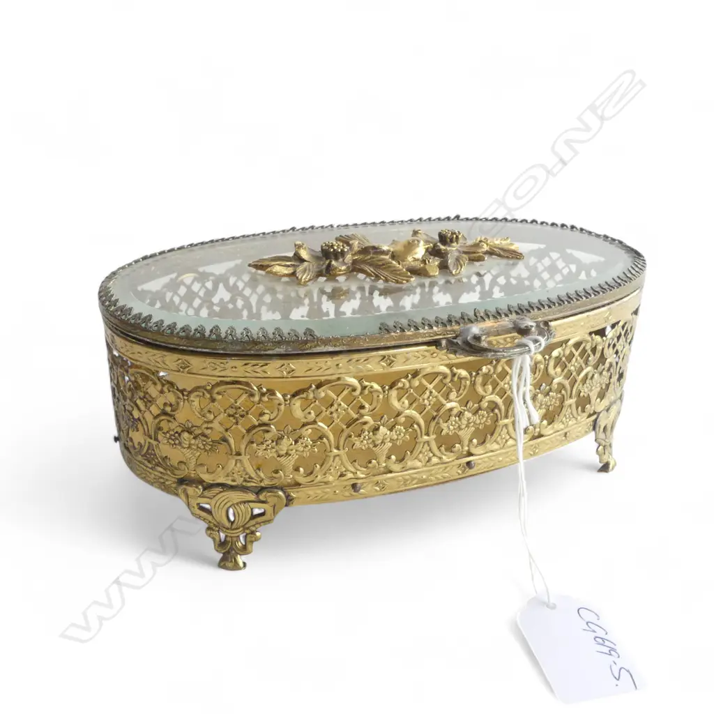 VINTAGE GILT METAL & GLASS JEWEL BOX bird & floral topped  W.200mm. Image 1++