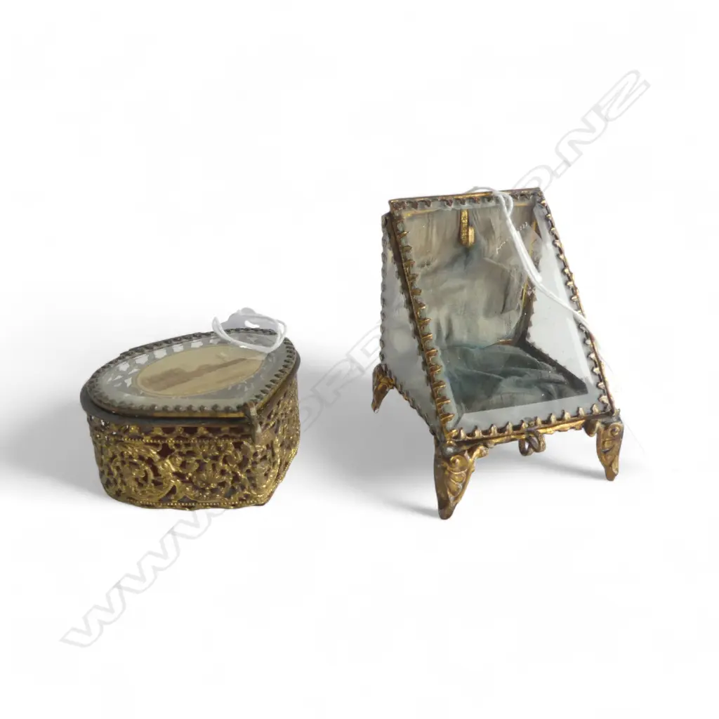 2 EARLY 20thC GILT METAL & GLASS POCKET WATCH HOLDERS 'Pier & Lighthouse Hartlepool' + cube form Image 1++