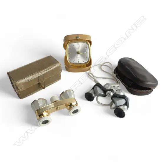 SEIKO TRAVELLING CLOCK, MoP OPERA GLASSES, NIKON 5X 15 9.5 MINI BINOCULARS
