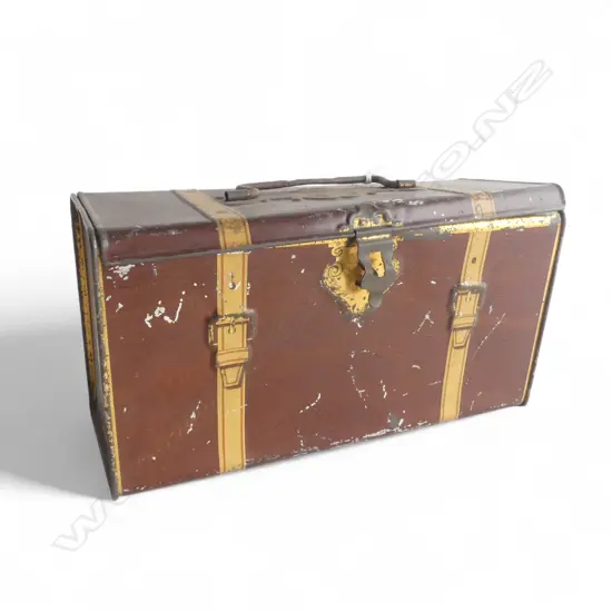 EARLY 20thC SATCHEL FORM & PRINTED TIN. Lion masks to ends