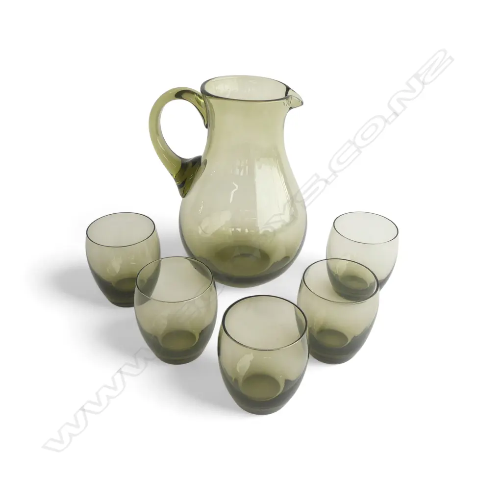 MID CENTURY OLIVE SMOKE GLASS DRINK SET 5 GLASSES, PERFECT CONDITION Image 1++