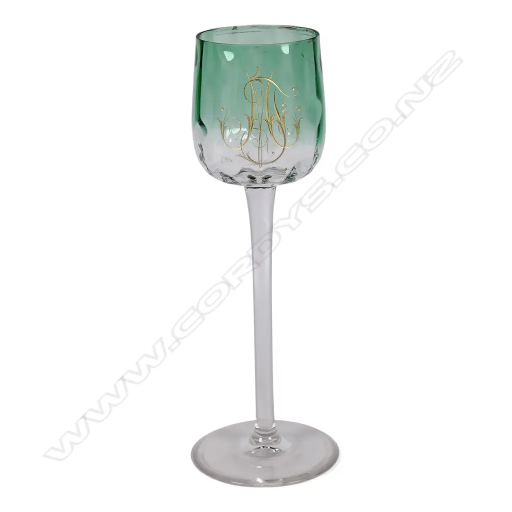 c.1900 KOLOMON MOSER TALL WINE GLASS green tinted bowl H.225mm Image 1++