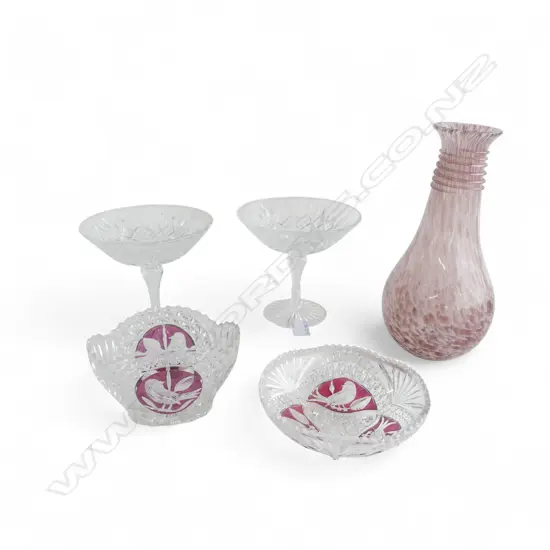 PR STUART CRYSTAL TAZZA, ART GLASS VASE + 2 OTHERS 