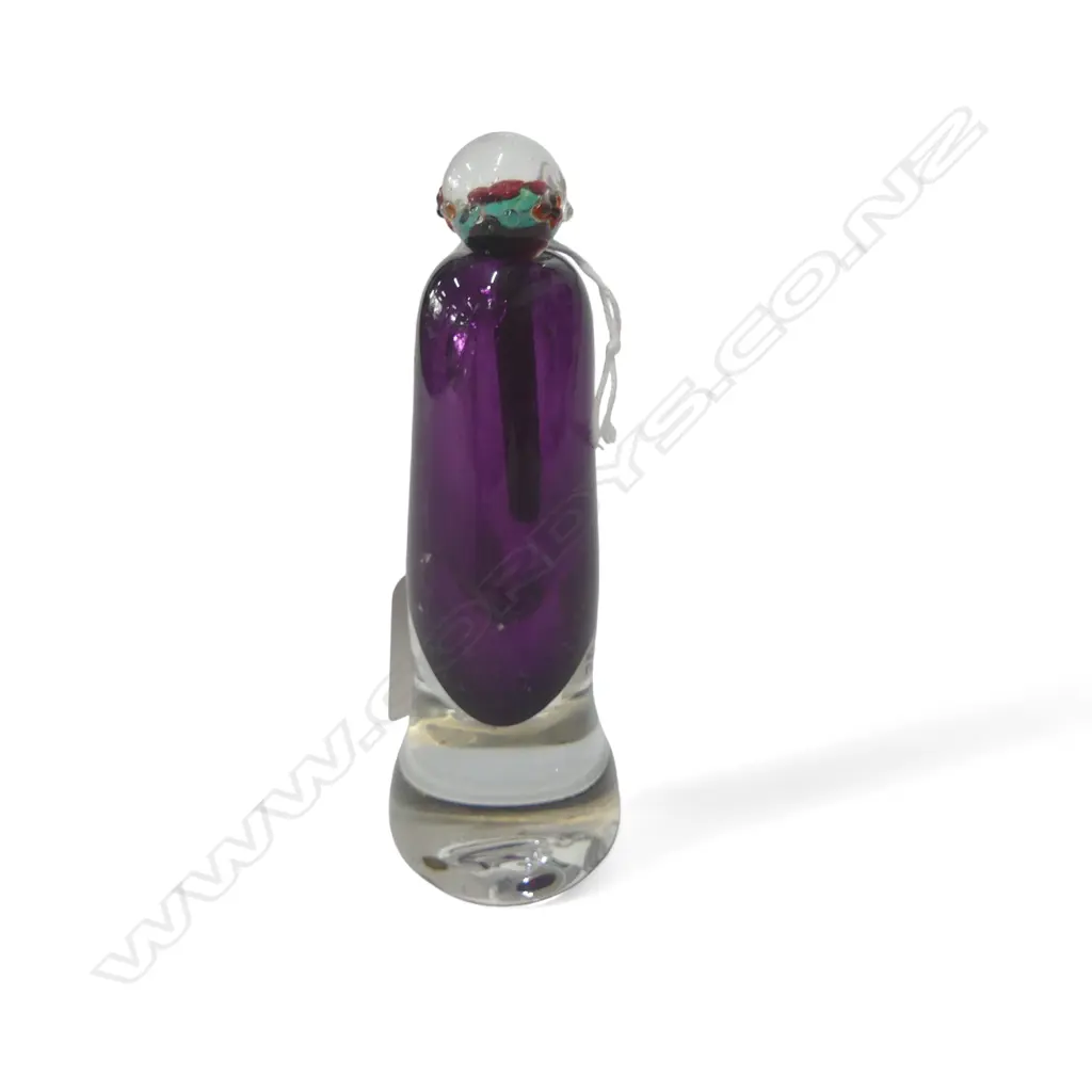 ART GLASS PURPLE & CLEAR TALL SCENT BOTTLE flower finial. Long dipper. H.125mm Image 1++