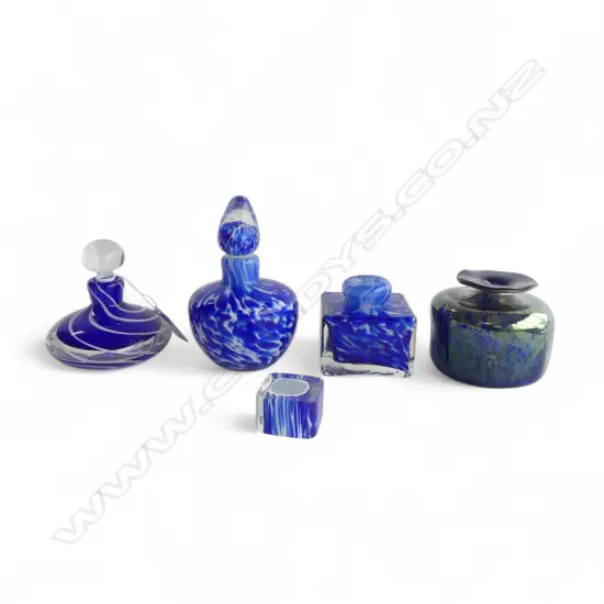 4 BLUE MOTTLED GLASS PERFUME BOTTLES 2 with NO LIDS + CUBE