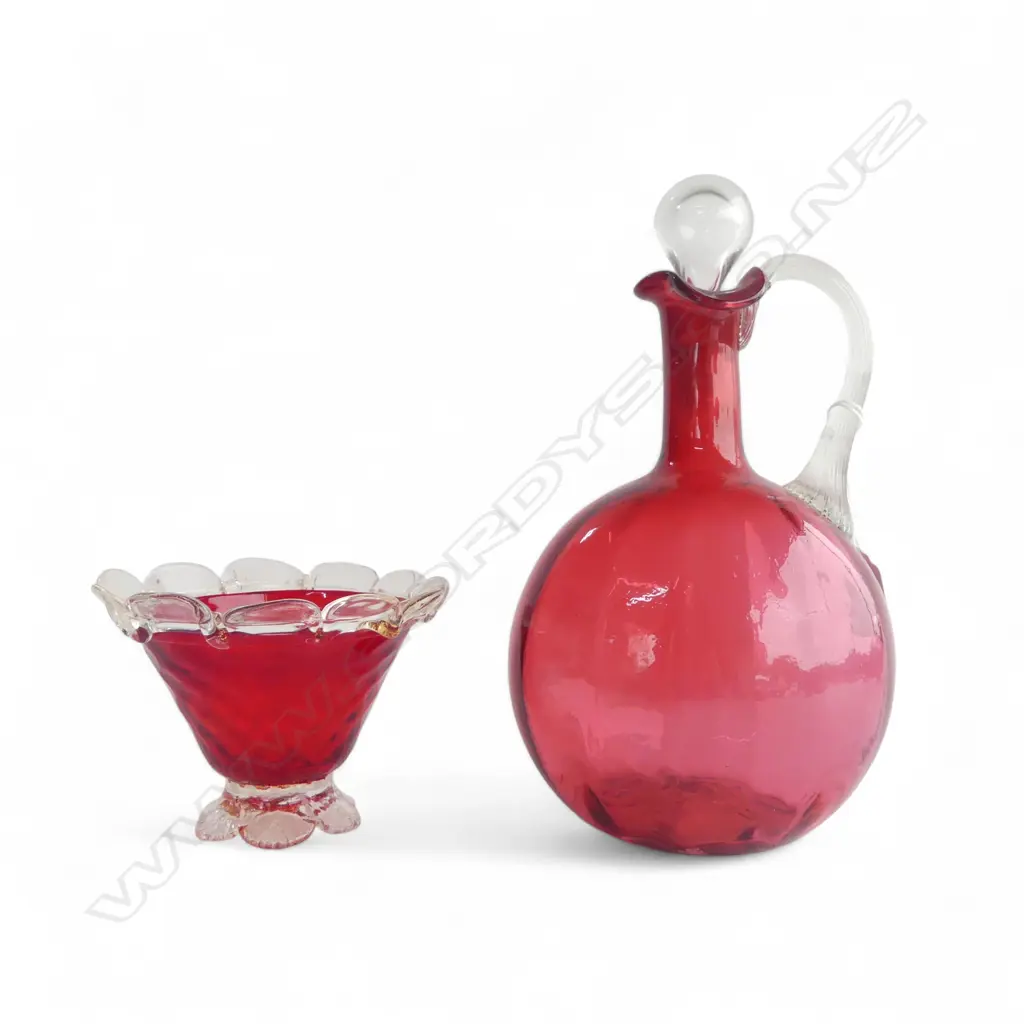 MURANO GLASS VASE H.90mm & CRANBERRY GLASS CLARET JUG Image 1++