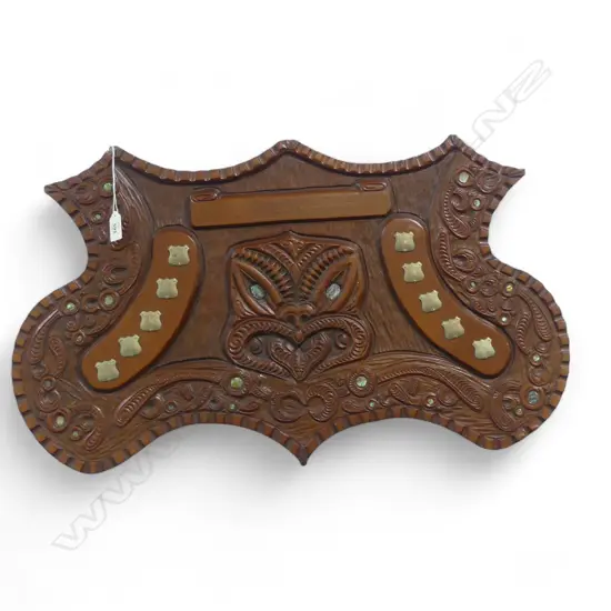 CARVED MAORI SHIELD by 'E. NUKU' 198585 700x410mm