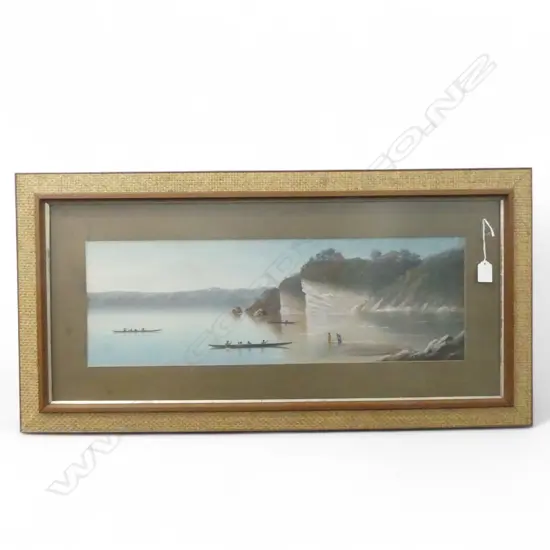 A DE VERE NZ COLONIAL PASTEL 3 Māori waka & figures with large cliffs signed. 210 x 640mm