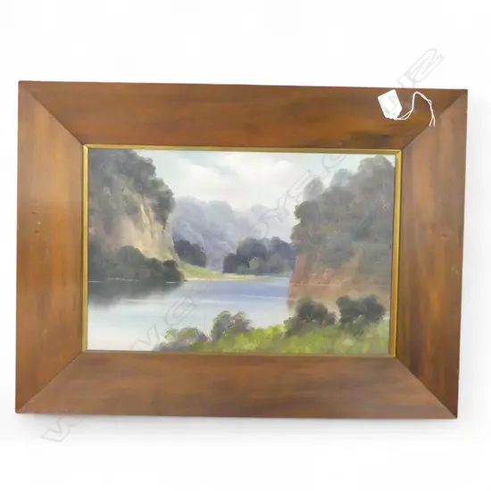 S. CROFT NZ COLONIAL OIL ON BOARD RIVER SCENE 285 X 430mm. In original kauri frames