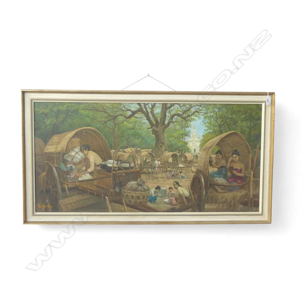 SIGNED ARTWORK, INDONESIAN SCENE, ACYLIC ON CANVAS BOARD 430x895mm Image 1++