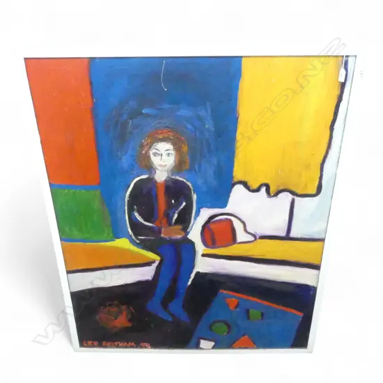 LEE FELTHAM, SEATING LADY, ACRYLIC ON BOARD, FRAMED & SIGNED 93', 1160 X 940MM provenance below