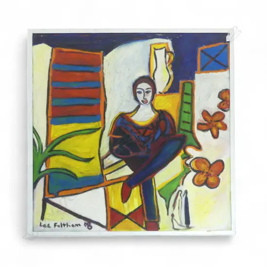 LEE FELTHAM, LADY IN A CHAIR, ACRYLIC ON BOARD, FRAMED SIGNED & DATED 2008, 1160 X 1160MM, provenance below