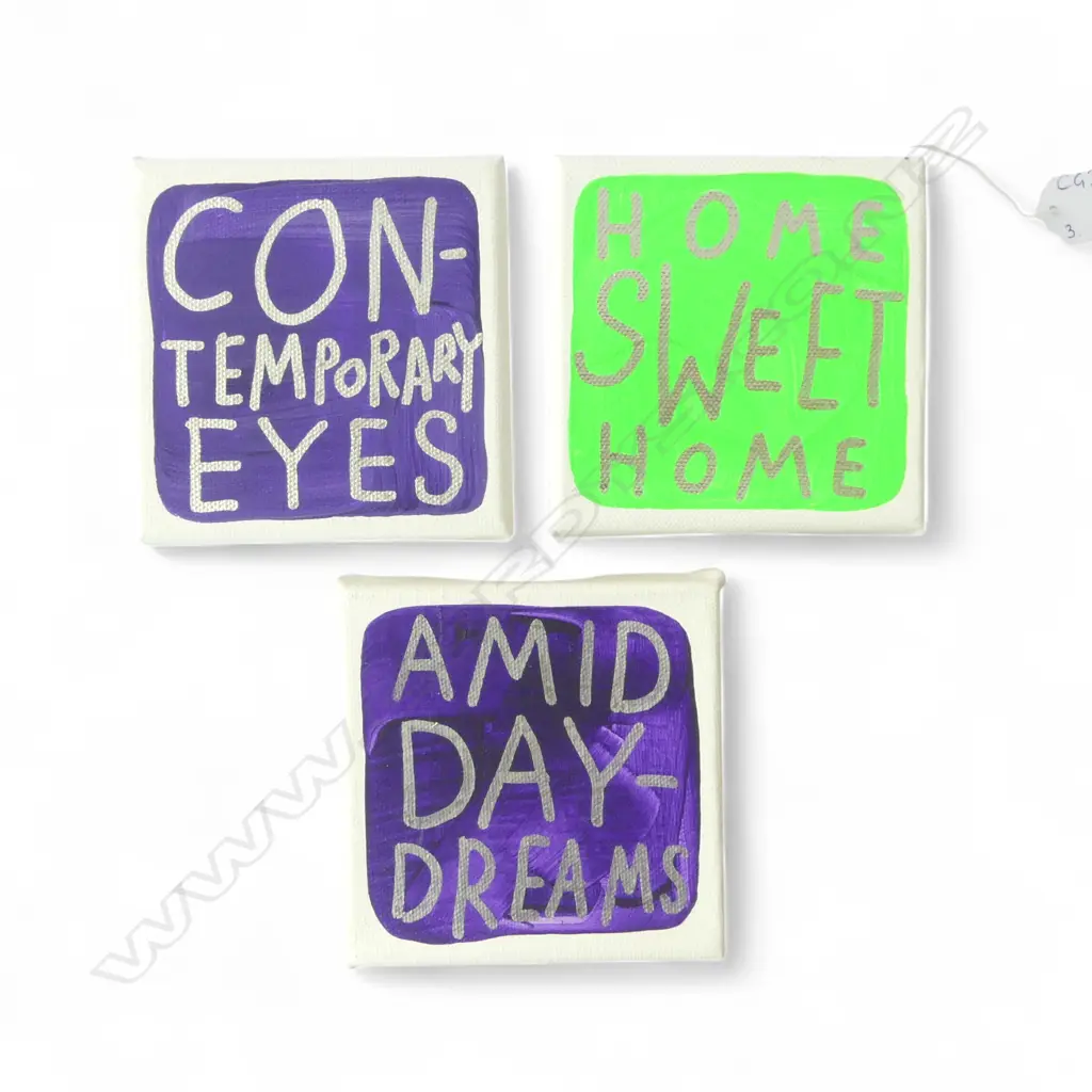 3 JOHN REYNOLDS SMALL CANVASES; HOME SWEET HOME, CONTEMPORARY EYES, AMID DAY DREAMS 100x100mm Image 1++