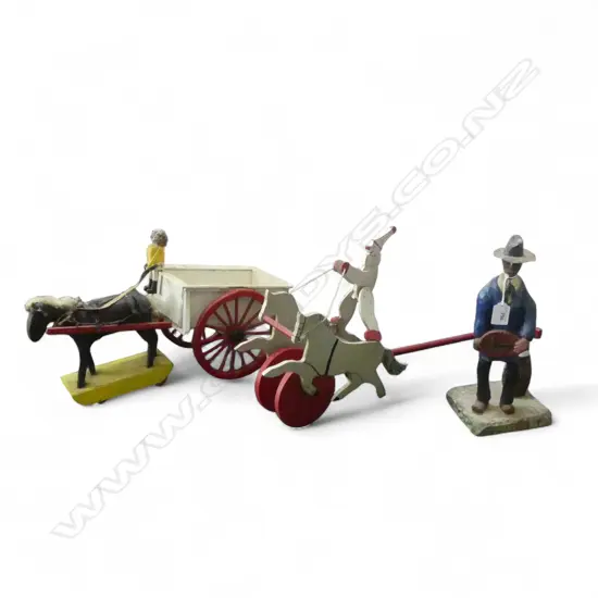 3 WOODEN TOYS; FIGURE, HORSE & CART, PULL ALONG TOY