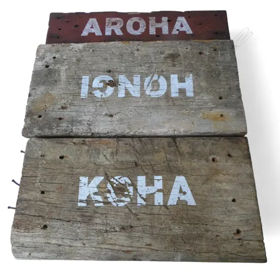 3 DANIEL M. KIRSCH ARTWORKS: AROHA, HONGI & KOHA, ACRYLIC ON FOUND WOOD 225x450mm