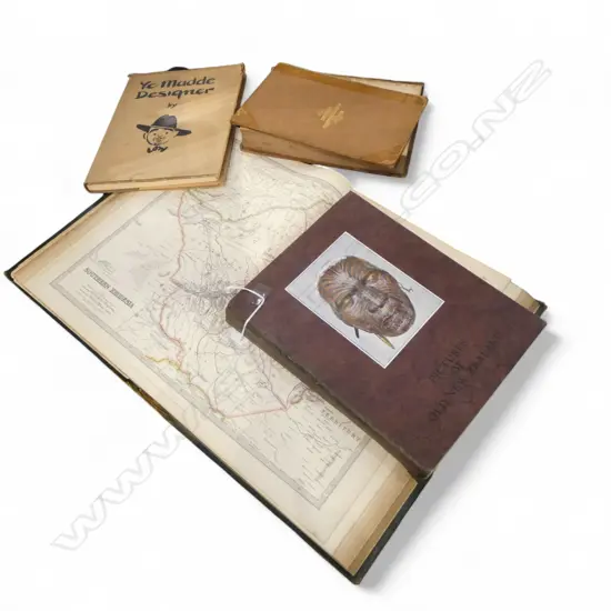 4 BOOKS; THE HANDY ROYAL ATLAS, PICTURES OF OLD NEW ZEALAND (LINDAUER), MYSTERIES OF THE OCEAN 1870, YE MADDE DESIGNER