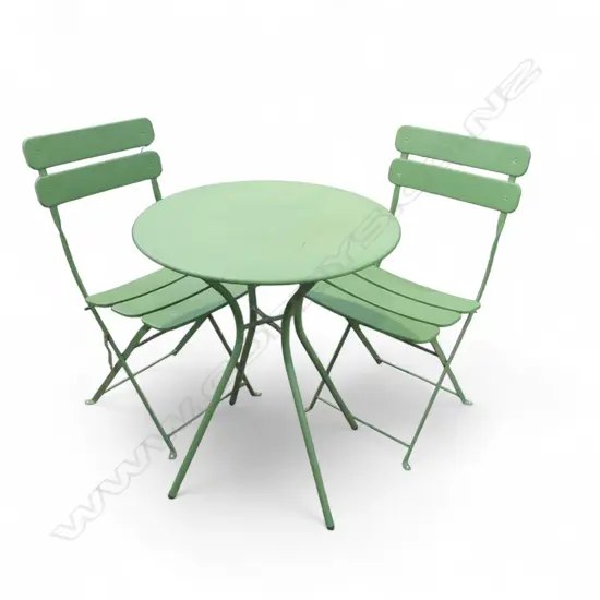 3 PCE GREEN METAL PATIO SET; TABLE & PR FOLDING CHAIRS