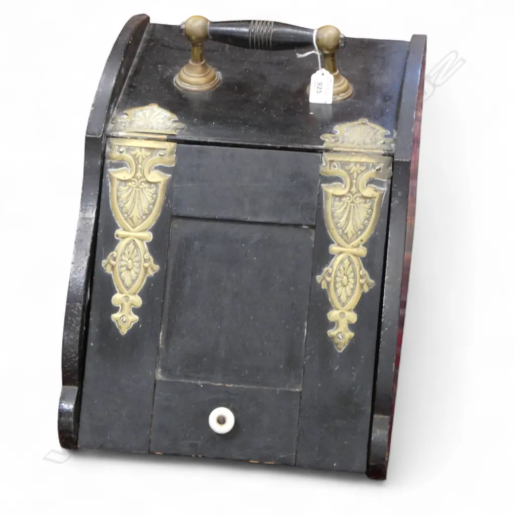 LATE VICTORIAN EBONISED COAL SCUTTLE w fancy brass mounts  345x500x340mm Image 1++