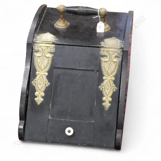 LATE VICTORIAN EBONISED COAL SCUTTLE w fancy brass mounts  345x500x340mm
