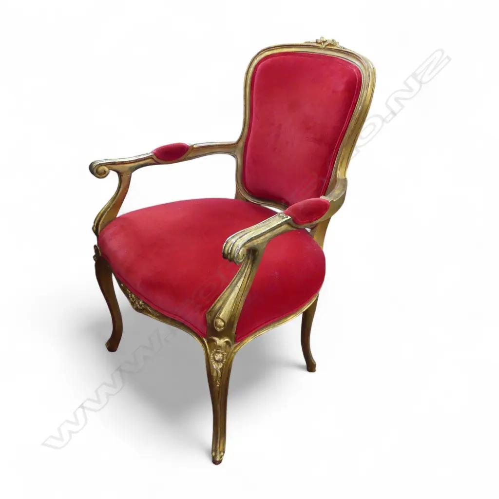 GILT WOOD & RED VELVET FRENCH STYLE ARMCHAIR Image 1++