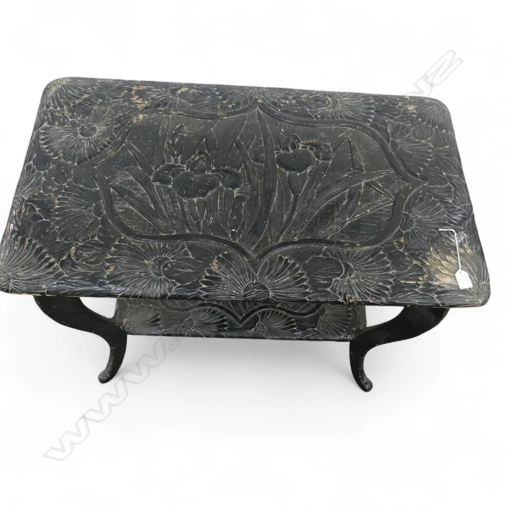 VINTAGE JAPANESE CARVED SIDE TABLE by 'Y HAYASHI. NOKKO' mark to base. Ebonised finish showing wear. 880 x 510 x 715mm Image 1++